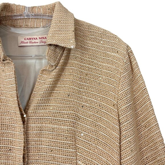 Caryna Nina Haute Couture Sequined Knit Buttoned Lightweight Jacket Tan Size S - Picture 4 of 11